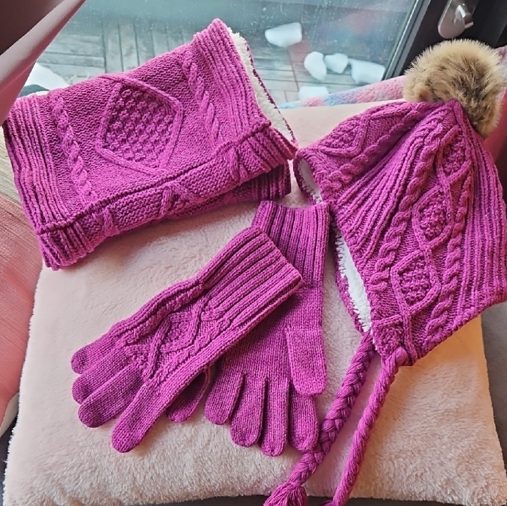 Purple Winter Hat Scarf and Glove Set